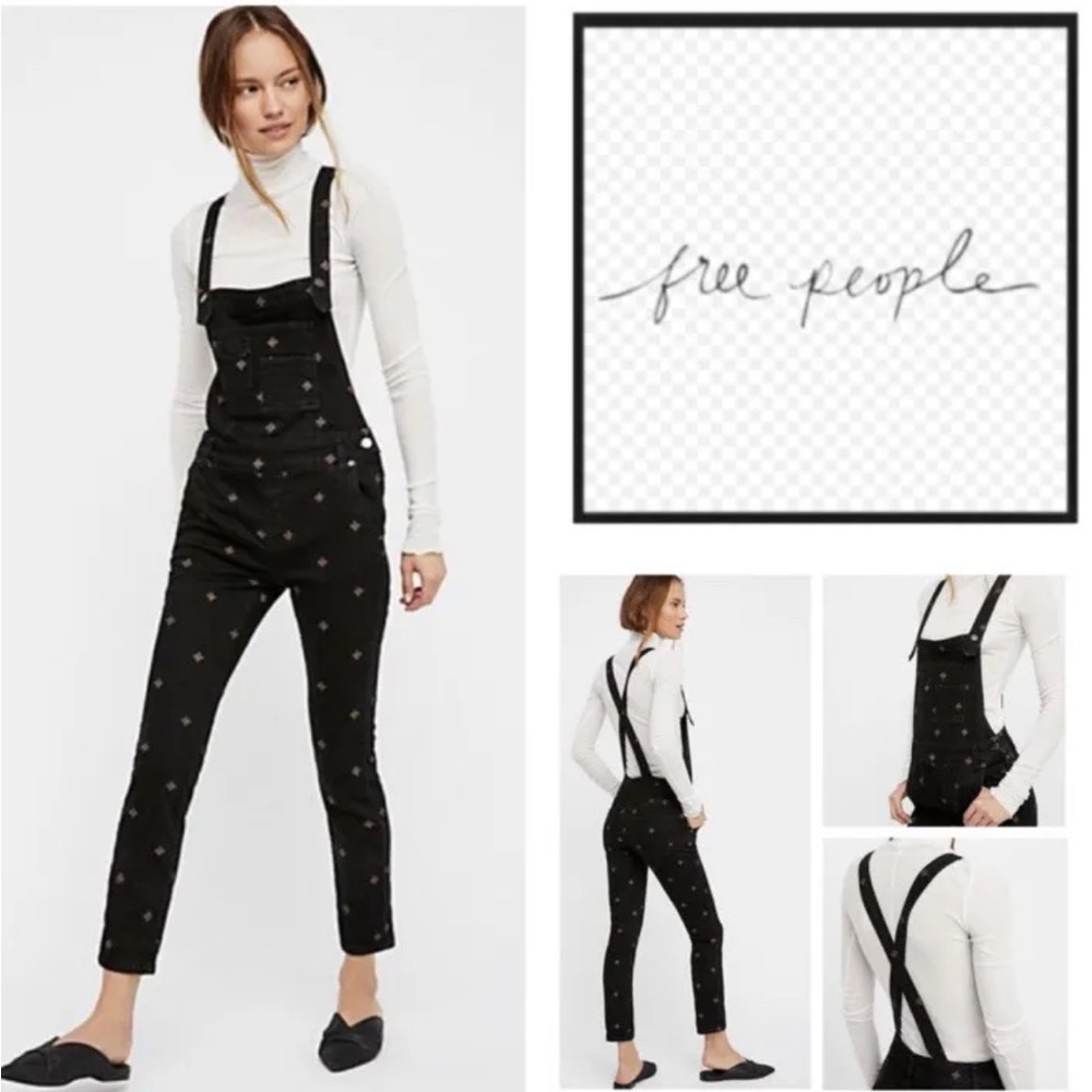 Free People | Embroidered Star Black Overalls